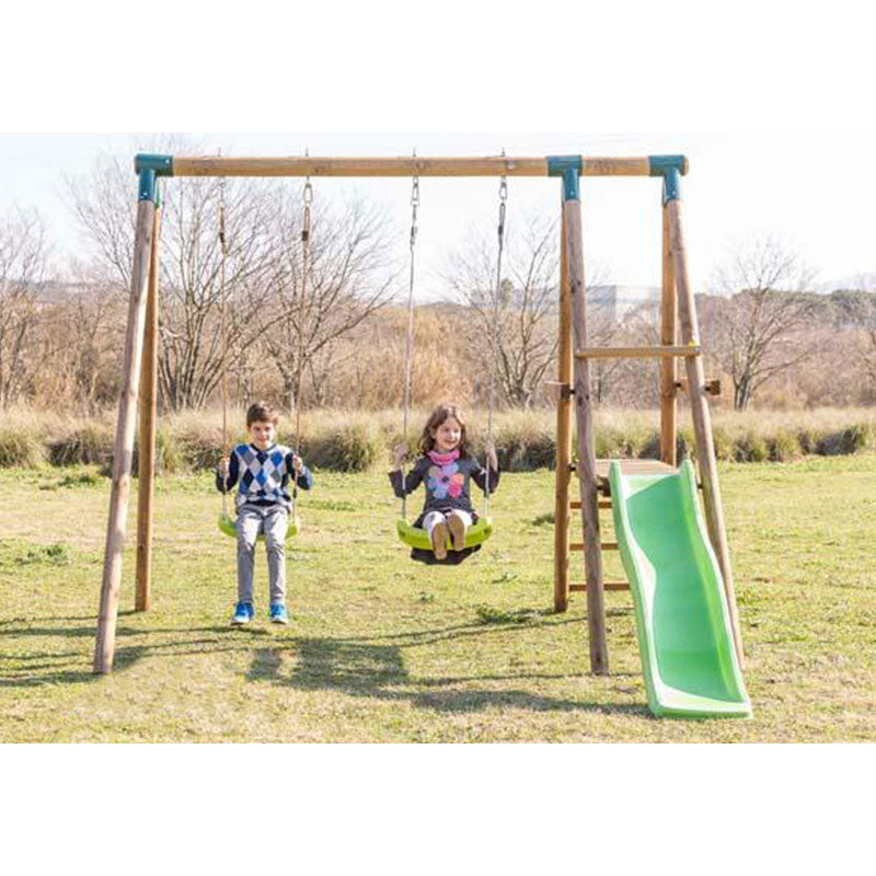 Load image into Gallery viewer, Double wooden swing with slide and ladders