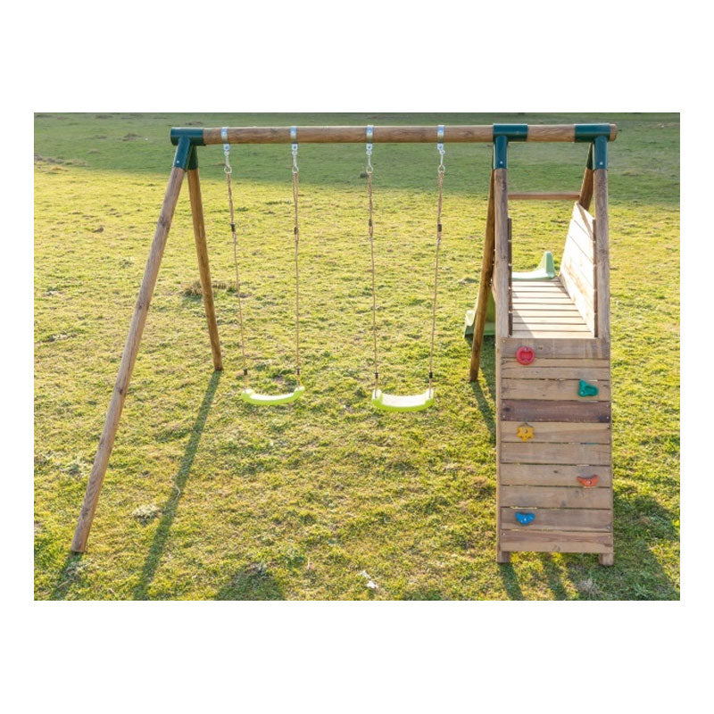 Load image into Gallery viewer, Double wooden swing with slide and climbing frame
