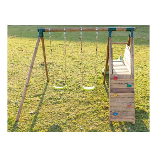 Double wooden swing with slide and climbing frame