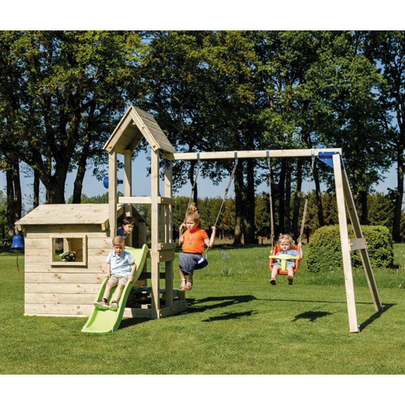 Load image into Gallery viewer, Wooden house with tower, slide and double swing