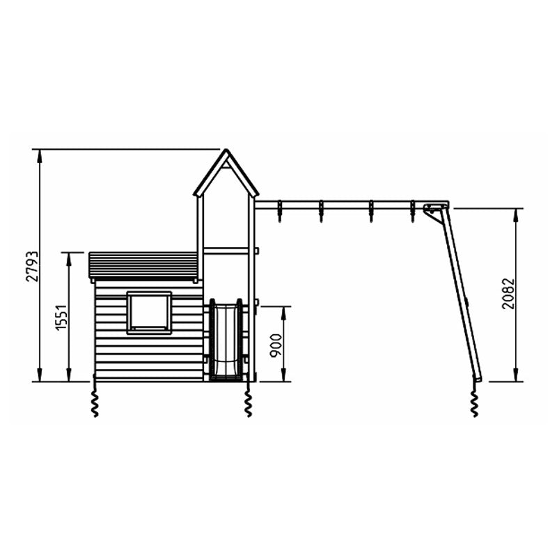 Load image into Gallery viewer, Wooden house with tower, slide and double swing
