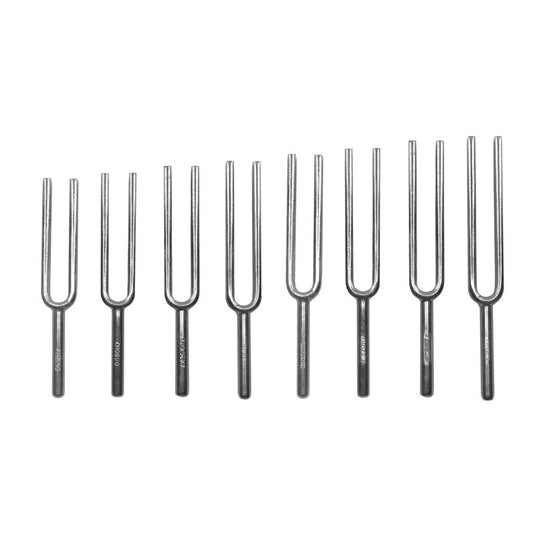 Set of 8 steel tuning forks with wooden box
