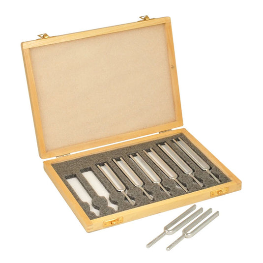 Set of 8 steel tuning forks with wooden box