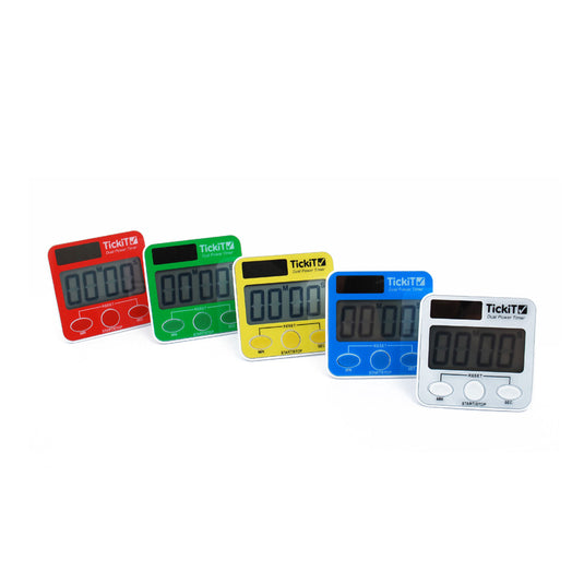 Set of 5 digital stopwatches in various colors