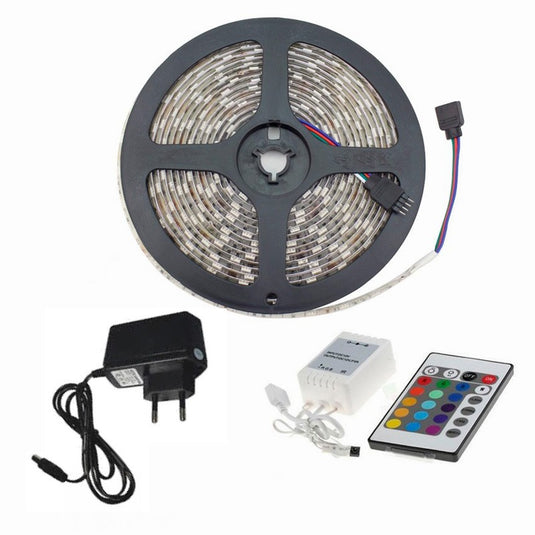 Kit tira LED 24W 300 LEDs 5m SMD3528 RGB con mando, controlador y transformador