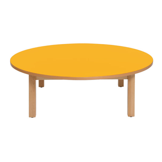 Circular table with wooden frame and legs