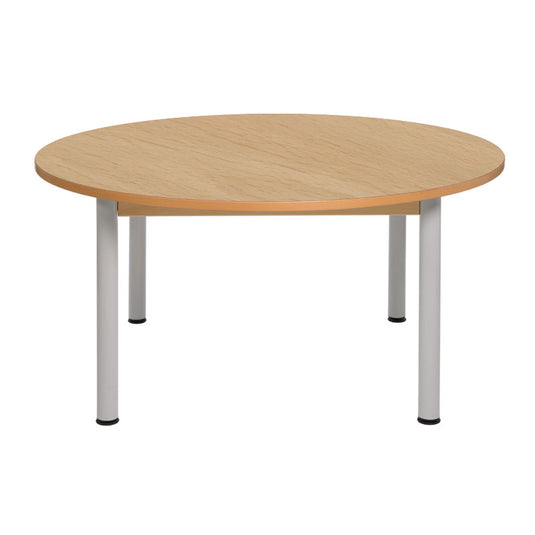 Mesa circular con estructura de madera y patas de metal
