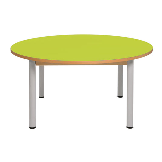 Mesa circular con estructura de madera y patas de metal
