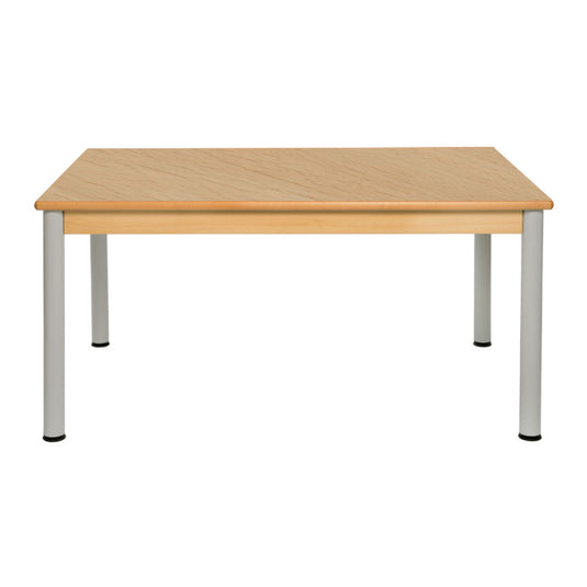 Mesa múltipla com estrutura de madeira e pernas metálicas