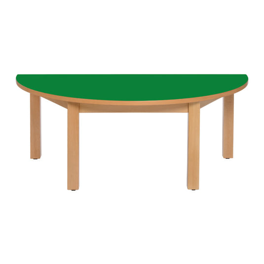 Mesa semi circular com estrutura e pernas em madeira