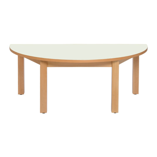 Mesa semi circular com estrutura e pernas em madeira