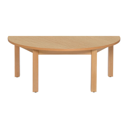 Mesa semi circular com estrutura e pernas em madeira