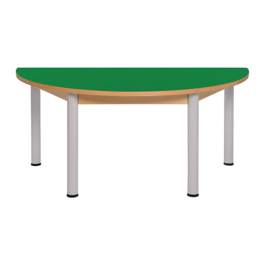 Mesa semi circular com estrutura de madeira e pernas metálicas
