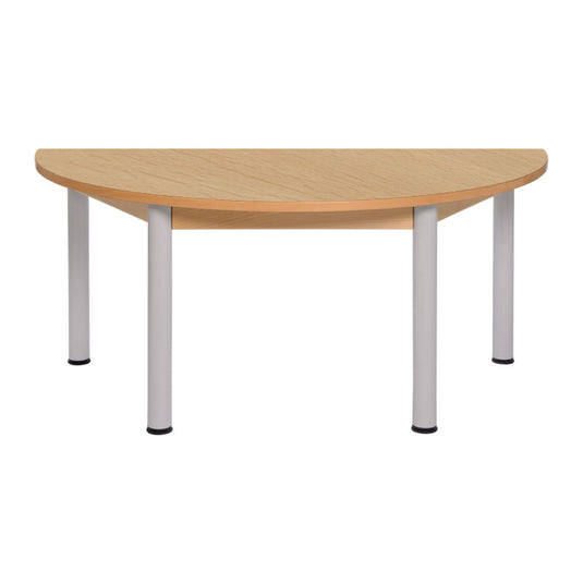 Mesa semi circular com estrutura de madeira e pernas metálicas