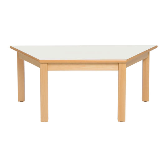 Trapezoidal table with wooden structure and wooden legs