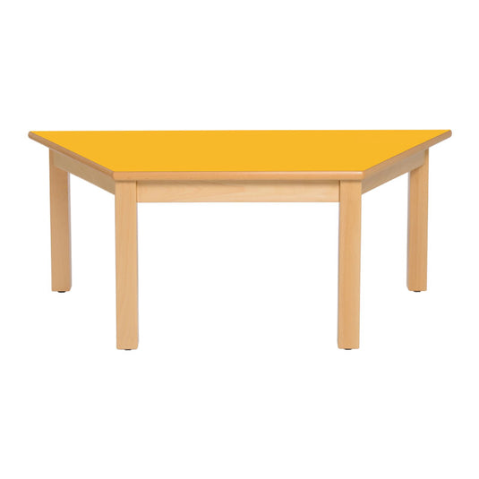 Trapezoidal table with wooden structure and wooden legs