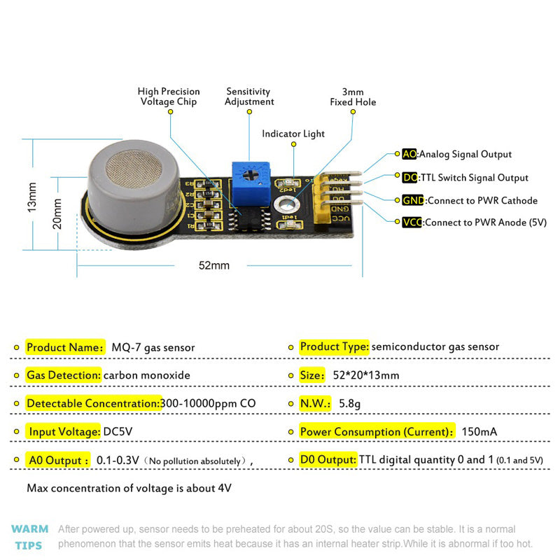 Cargue la imagen en el visor de la galería, Módulo de sensor de gas de monóxido de carbono (MQ-7) para Arduino Keyestudio