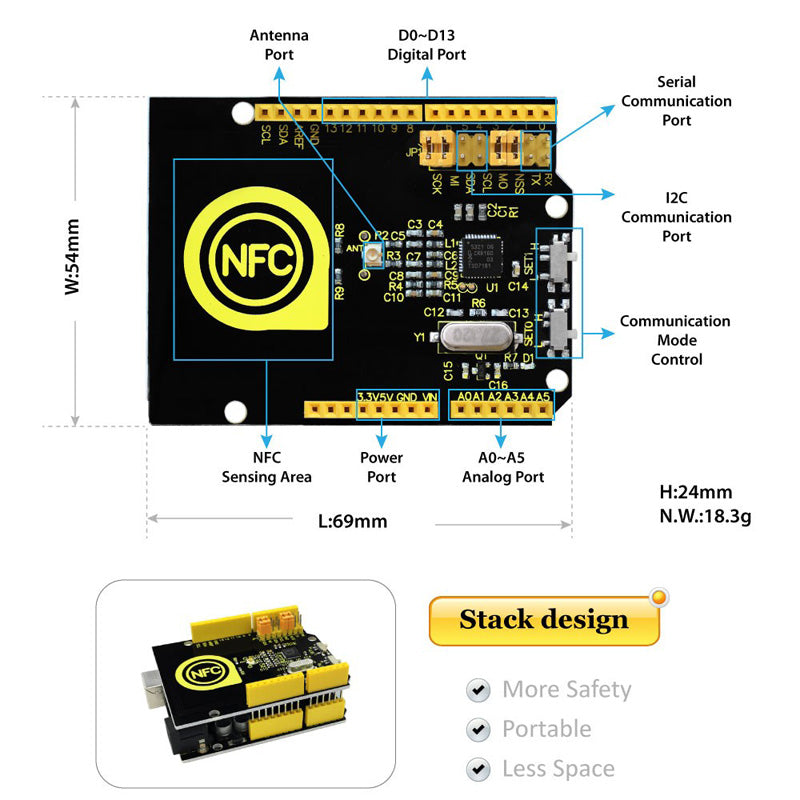 Carregar imagem para visualizador de galeria, Shield controlador PN532 NFC/RFID para Arduino Keyestudio
