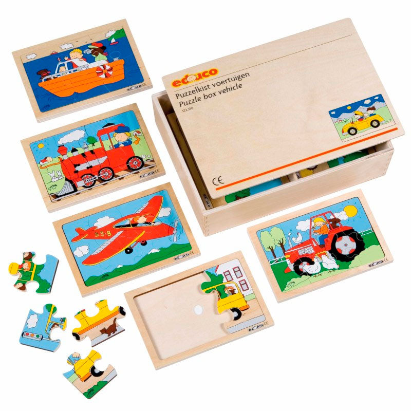 Cargue la imagen en el visor de la galería, Conj. de 10 puzzles de veículos em caixa de madeira
