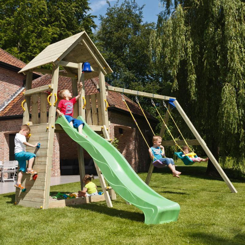 Load image into Gallery viewer, Wooden tower with slide, stairs, sandpit and double swing