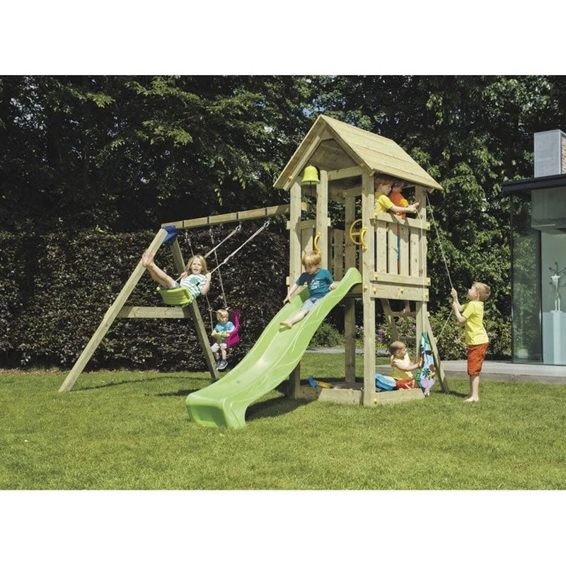 Load image into Gallery viewer, Wooden tower with slide, stairs, sandpit and double swing