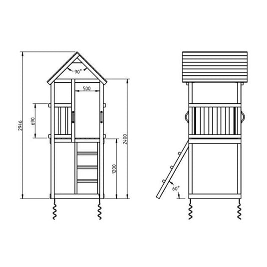 Wooden tower with slide, stairs and sandpit