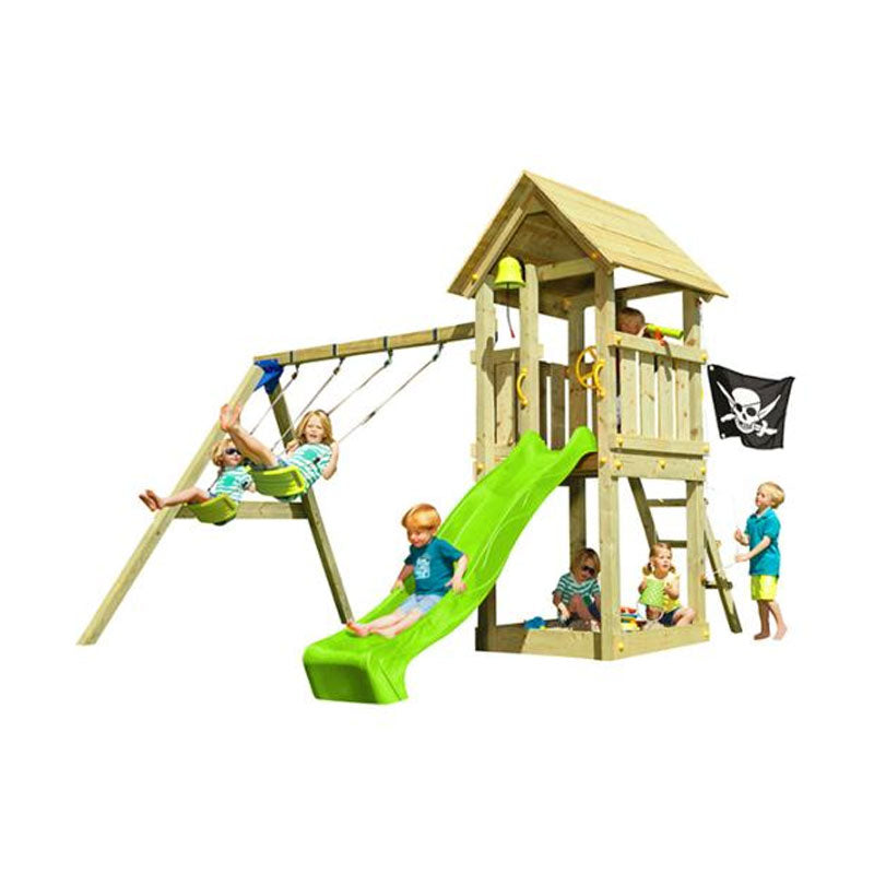 Load image into Gallery viewer, Torre em madeira com escorrega, escadas, caixa de areia e baloiço duplo