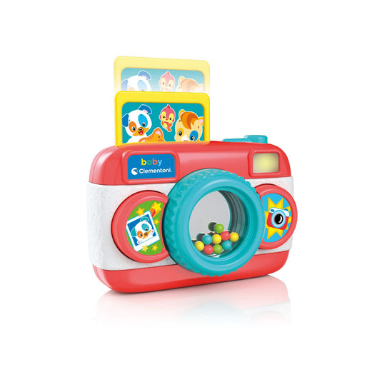 Esta baby câmara é um brinquedo com cores vivas e design trabalhado até ao mais pequeno detalhe, que toca queridas melodias ou divertidos sons de animais a cada disparo.