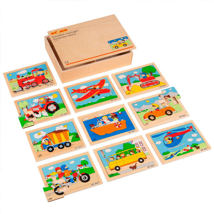 Conj. de 10 puzzles de veículos em caixa de madeira