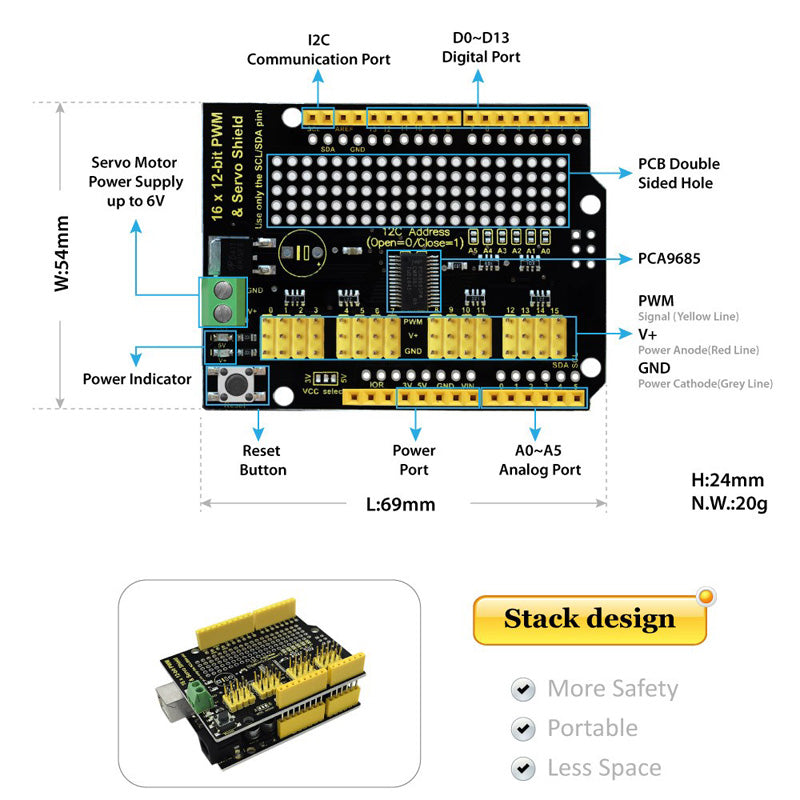 Carregar imagem para visualizador de galeria, Shield Servo Motor 16 canais para Arduino Keyestudio
