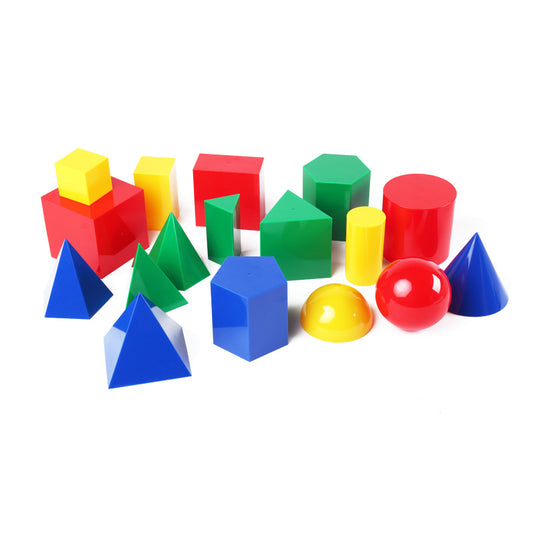 Conjunto de 17 sólidos geométricos coloridos em plástico