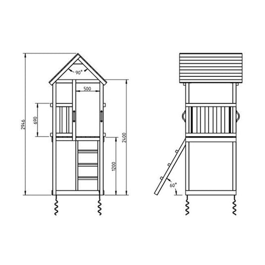 Torre de madera con tobogán, escaleras, arenero y columpio doble